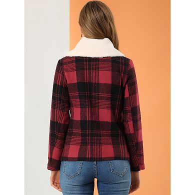 Women's Winter Detachable Collared Button Pockets Check Plaid Coat