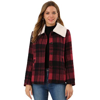 Women's Winter Detachable Collared Button Pockets Check Plaid Coat