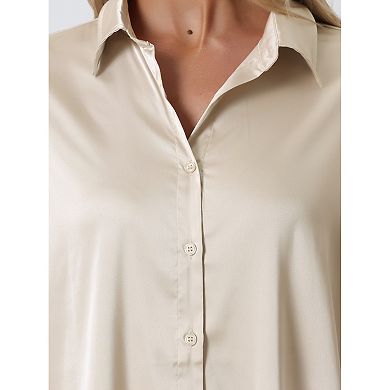 Women's Satin Button Down Shirt Collared Long Sleeve Loose Oversized Casual Work Blouse Tunic Tops