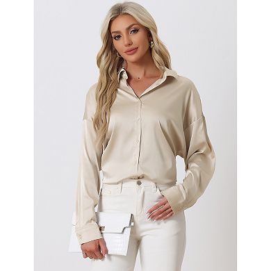 Women's Satin Button Down Shirt Collared Long Sleeve Loose Oversized Casual Work Blouse Tunic Tops
