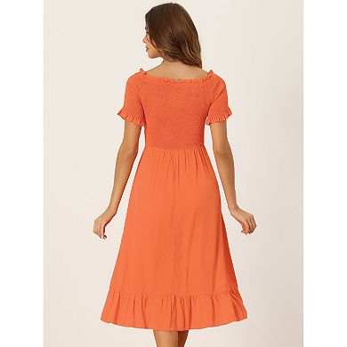 Summer Smocked Dresses For Women's Off The Shoulder Ruffle Hem Midi Dress