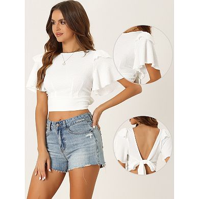 Ruffle Sleeve Crop Top For Women's Tie Closure Summer Casual Blouse