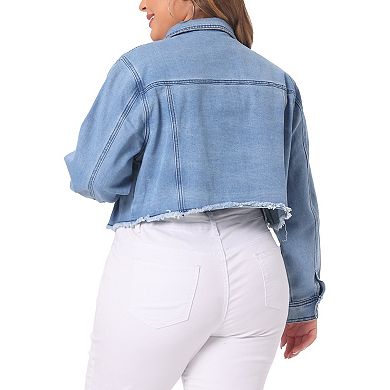 Plus Size Cropped Denim Jacket For Women Frayed Hem Tassel Button