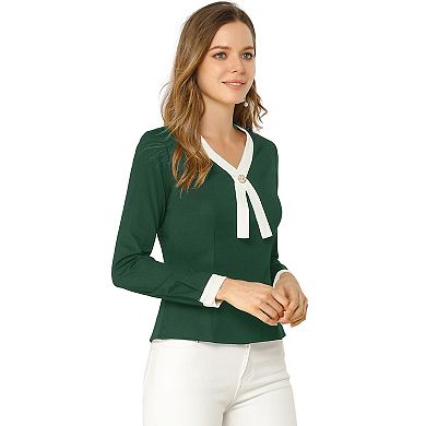 Women's Contrast Trim V Neck Long Sleeve Casual Office Blouse Top