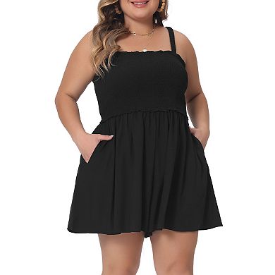 Plus Size Summer Sleeveless For Women Square Collar Pockets Flowy Short Rompers