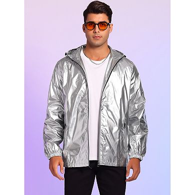 Metallic Jacket For Men's Solid Zipper Sparkle Shiny Holographic Hooded Windbreaker