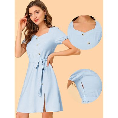 Women's Sweetheart Neck Button Decor Smocked Back Belted Dress