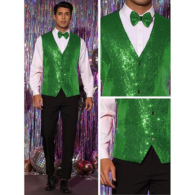 Sequins Vest For Men's V-neck Slim Fit Shiny Disco Party Sleeveless Waistcoat Bowtie