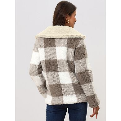 Women's Causal Plaid Coat Lapel Collar Zip Up Winter Faux Fur Outwear Coats