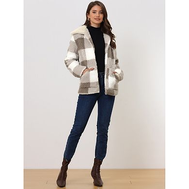 Women's Causal Plaid Coat Lapel Collar Zip Up Winter Faux Fur Outwear Coats