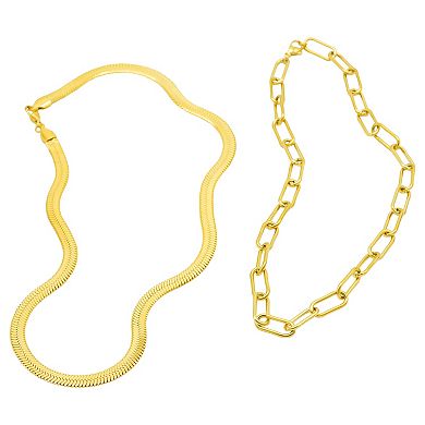 Adornia 14K Gold Plated Set Of 2 Herringbone and Paper Clip Necklaces