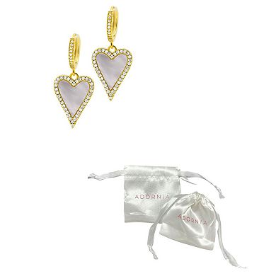 Adornia 14K Gold Plated White Mother-of-Pearl Crystal Halo Heart Drop Huggie Earrings