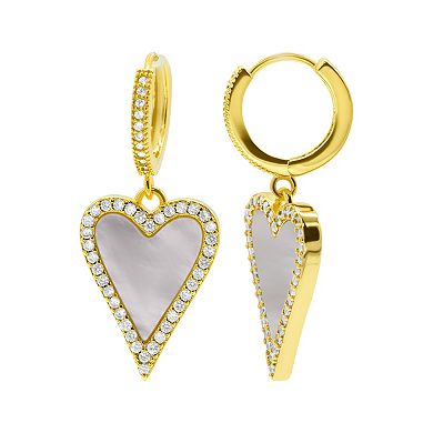 Adornia 14K Gold Plated White Mother-of-Pearl Crystal Halo Heart Drop Huggie Earrings