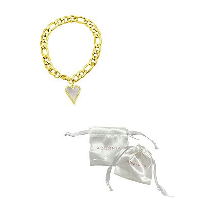 Adornia 14K Gold Plated Stainless Steel Figaro Mother-of-Pearl & Cubic Zirconia Heart Charm Bracelet