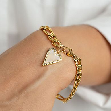 Adornia 14K Gold Plated Stainless Steel Figaro Mother-of-Pearl & Cubic Zirconia Heart Charm Bracelet