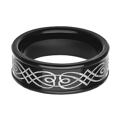 Men's Stainless Steel Black PVD Plated Swirl Design Comfort Fit Band Ring