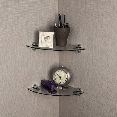 Set Of 2 Clear Glass Radial Floating Shelves With Chrome Brackets 10 X 10"