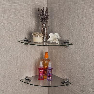 Set Of 2 Clear Glass Radial Floating Shelves With Chrome Brackets 10 X 10"