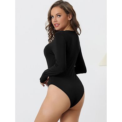 Women's Full Bodysuit Button Crew Neck Long Sleeve Bodycon Romper Stretchy Jumpsuit