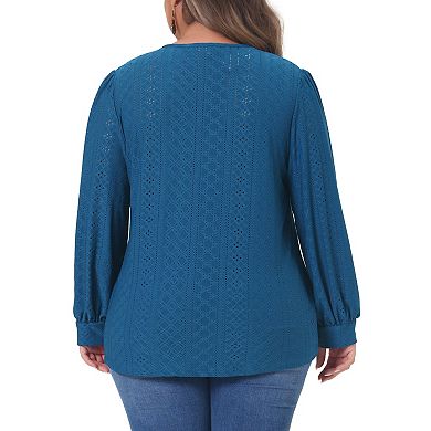 Plus Size Tops For Women Lace V Neck T Shirts Dressy Eyelet Long Sleeve Loose Casual Blouses