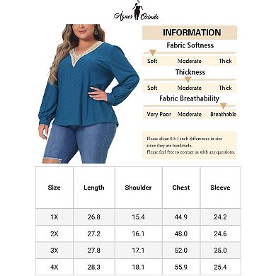 Plus Size Tops For Women Lace V Neck T Shirts Dressy Eyelet Long Sleeve Loose Casual Blouses