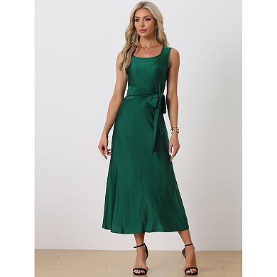Summer Dress Casual Womens Sleeveless Maxi Dress Square Neck Solid Color Waist Strap Long Dresses