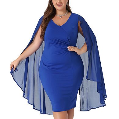 Plus Size Dress For Women V Neck Cape Sleeve Midi Bodycon Cocktail Dress