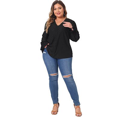 Plus Size Tops For Women V Neck Ruffle Long Sleeve Eyelet  Lace Crochet Casual Hollow Blouses Tees