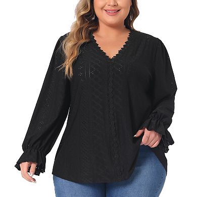 Plus Size Tops For Women V Neck Ruffle Long Sleeve Eyelet  Lace Crochet Casual Hollow Blouses Tees
