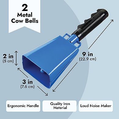 2 Pack Large Blue Metal Cowbells For Football Games, 9" Percussion Noise Makers