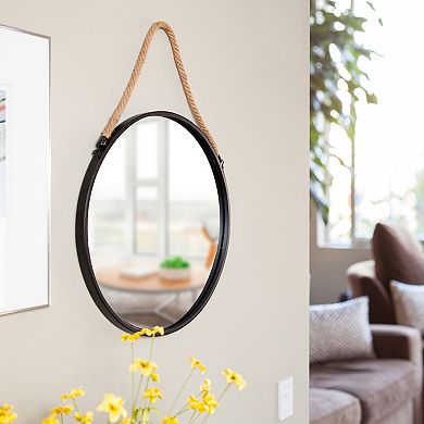 Framed 20" Decorative Round Black Metal Circle Wall Mirror With Hanging Rope