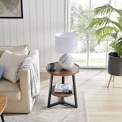 Mason Round 2-tier Side Accent Table With Raised Lip Edge With Mid-century Modern Crossed Metal Legs