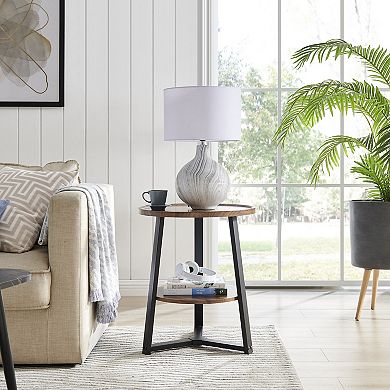 Mason Round 2-tier Side Accent Table With Raised Lip Edge With Mid-century Modern Crossed Metal Legs