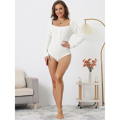 Women's Button Down Ribbed Bodysuit V Neck Casual Long Sleeve Stretchy Jumpsuit