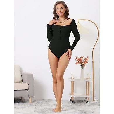 Women's Button Down Ribbed Bodysuit V Neck Casual Long Sleeve Stretchy Jumpsuit