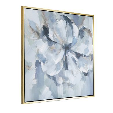 39 X 39 Square Wall Art Oil Painting, Flower Motif, Gray And Blue Canvas