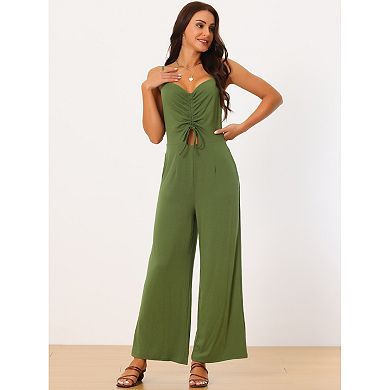 Women's V Neck Ruched Drawstring Front Sleeveless Spaghetti Straps Wide Leg Long Jumpsuits