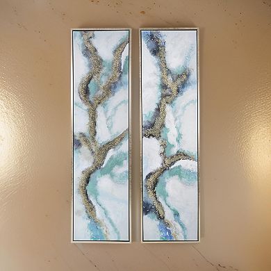 20 X 71 Tall Framed Wall Art Oil Painting Set Of 2, Blue And Gold Canvas