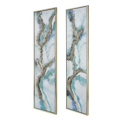 20 X 71 Tall Framed Wall Art Oil Painting Set Of 2, Blue And Gold Canvas