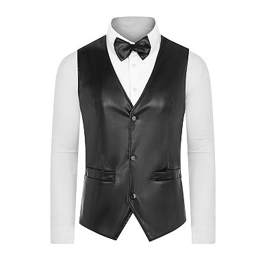 Faux Leather Suit Vest For Men's Formal Western Pu Waistcoat With Bow-tie