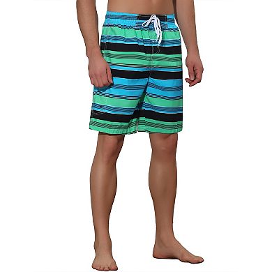 Men's Drawstring Stripes Printed Color Block Beach Pool Board Shorts