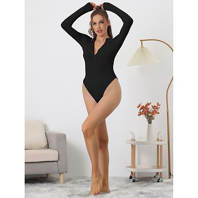 Zip Front Bodysuit For Women's Casual Stand Neck Long Sleeve Slimming Going Out Tops