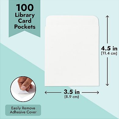 100 Pack Self Adhesive Book Pockets, Library Card Holders, White, 3.5 X 4.5 In