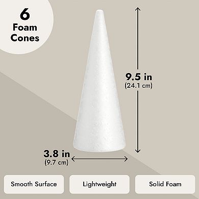 6 Pack Foam Cones For Crafts, Holiday Decorations, Handmade Gnomes, 3.8 X 9.5 In