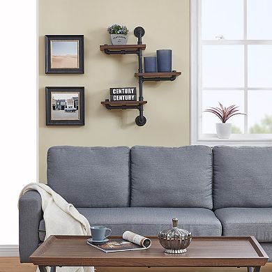 3-tier Vertical Floating Staggered Industrial Rustic Pipe Wall Mount Shelving Unit