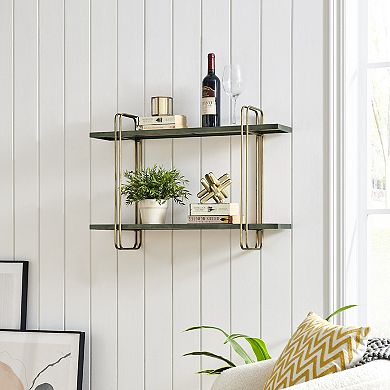 Two-tier Warm Gold And Washed Oak Brown Metal Hanging Bracket Wall Mounted Shelf