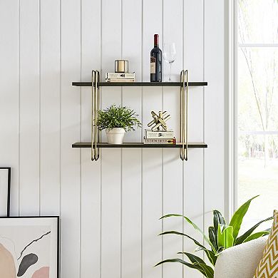 Two-tier Warm Gold And Washed Oak Brown Metal Hanging Bracket Wall Mounted Shelf