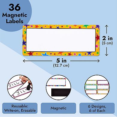 36-magnetic Labels For Whiteboard, Name Magnets For Lockers, 6 Designs, 2x5 In