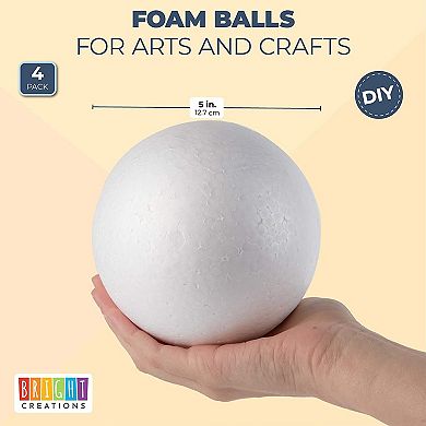 5 Inch Foam Balls For Crafts - 4 Pack Solid Spheres For Ornaments, Diy Projects