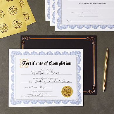 48 Sheets Blue Certificate Of Completion Award Paper W/ Foil Stickers, 8.5 X 11